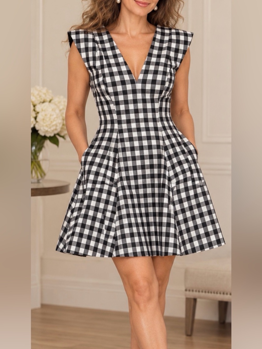 Anthropologie MAEVE Black & White Gingham V-Neck Fit-and-Flare Dress